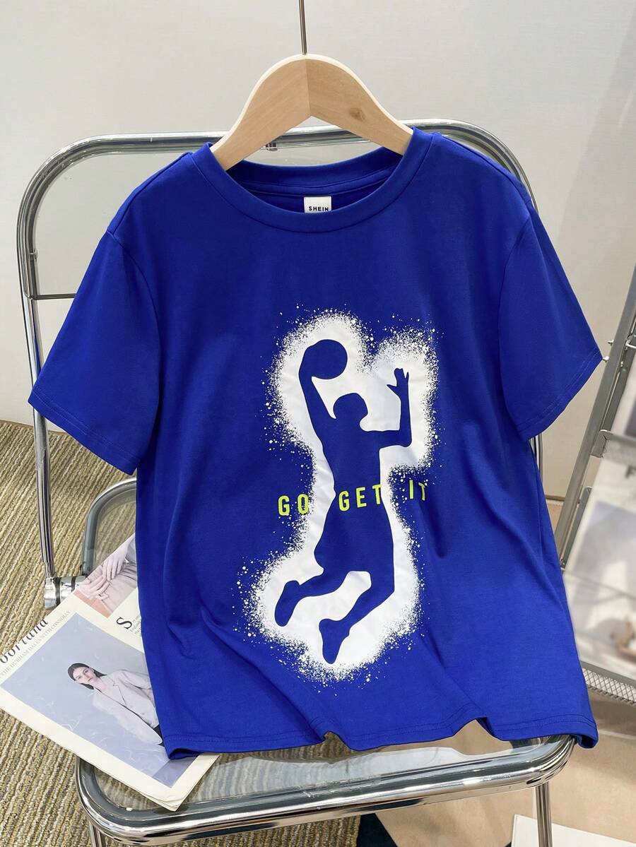 青少年男孩寬鬆運動拼接短袖T恤，圓領設計 - 藍色 - 查看 1