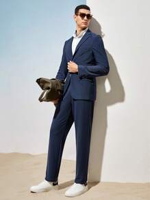 AKNOTIC Business Casual Men Easy Care Knit Solid Color Casual Fitted Trousers - Navy Blue - View 10