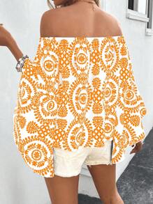 Breezaya Holiday Leisure Vintage Printed Off Shoulder Flare Sleeve Blouse - Yellow - View 2