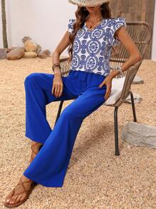 SHEIN LUNE Ensemble de deux pièces, chemise à imprimé aléatoire avec volants et pantalon de couleur unie pour vacances décontractées - Bleu azur - Voir 6