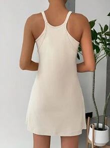 SHEIN EZwear 無袖圓領口袋純色連身裙 - 杏色 - 查看 2