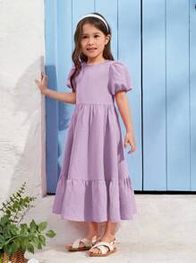 SHEIN Young Girl Woven Solid Color Loose Fit Casual Dress With Round Neckline