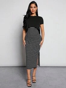 MaterniWear Maternity Summer Casual Nursing Outfits Set: Solid Color Short Sleeve Round Neck T-Shirt And Striped Printed Dress - Black - View 4