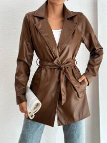 EURMUSE Brown Fake Leather Padded Jacket - Brown - View 1