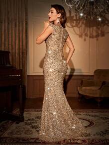 SHEIN Belle Váy sequin viền đuôi cá có khóa kéo phía sau, trang trọng thanh lịch, dự tiệc tối trang trọng, dự tiệc tốt nghiệp, tiệc tối cho tiệc ngày lễ - Rượu sâm banh - Xem 2
