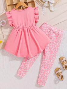 Conjunto para chica joven de 2 piezas. Blusa sin mangas con ribete de volantes y leggings estampados con patrón de flores, temporada de primavera/verano - Rosa - Ver 2