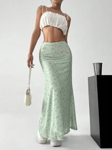 SHEIN EZwear Women's Holiday Ditsy Floral Mermaid Hem Skirt