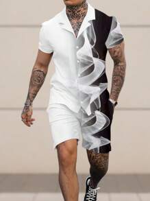 Manfinity LEGND 男士休闲撞色短袖纽扣衬衫和短裤套装，带口袋，外出 - 黑與白 - 查看 1