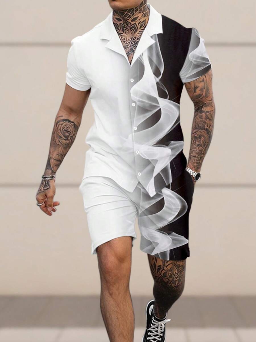 Manfinity LEGND 男士休闲撞色短袖纽扣衬衫和短裤套装，带口袋，外出 - 黑與白 - 查看 1