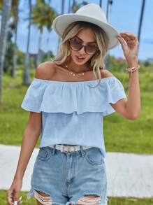 Soleia 假期休閒純色露肩荷葉邊上衣 - 藍色 - 查看 1