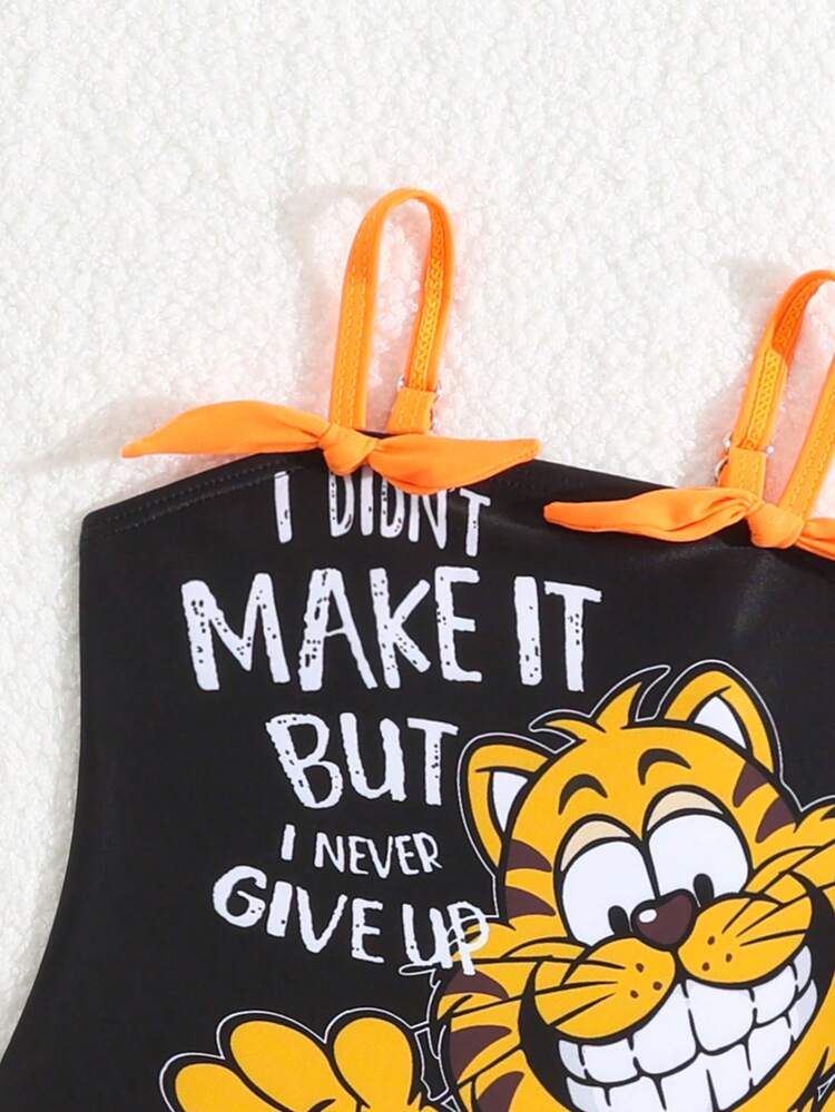 Baby Girl Holiday Slogan Cartoon Tiger Print Bow Detail Decor Leisure Cami One-Piece Swimsuit