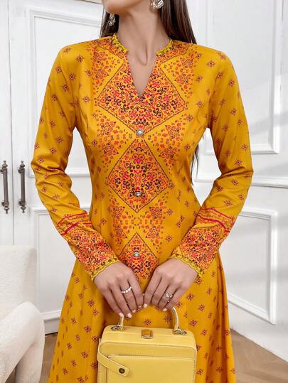 Divindia Phụ nữ Kurtas dài tay in đầy đủ với cổ có khía