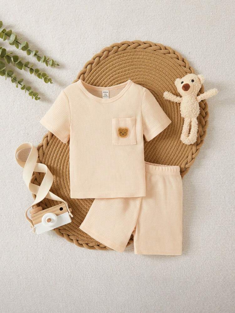 Baby Boy Light Khaki Color Solid Short Sleeve And Shorts Loose Fit 2-Piece Casual Home Wear Set