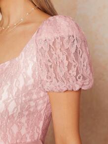 SHEIN Clasi Mono rosa con mangas abullonadas, encaje y escote corazón con bolsillos para mujeres elegantes - Rosa - Ver 3