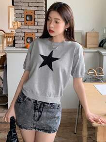 DAZY 圆领针织短袖星星图案上衣 Y2k 夏季 - 灰色 - 查看 6