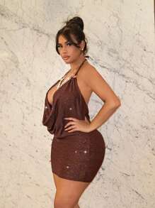 SHEIN SXY Vestido de cuello Halter profundo y drapeado para mujer