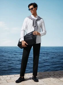 AKNOTIC Business Casual Easy Care Solid Woven Business Men Suit Trousers - Black - View 8