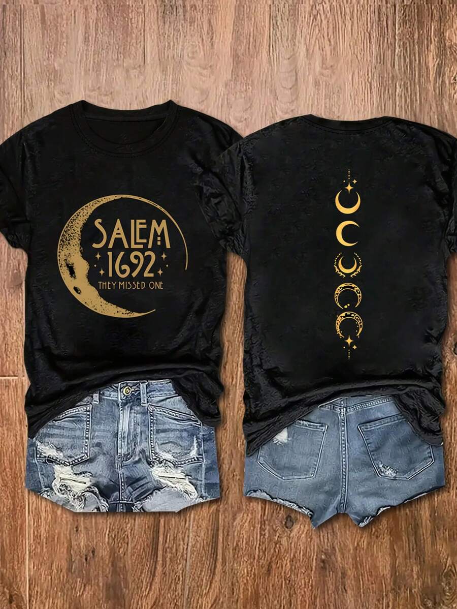 INAWLY Áo thun tay ngắn in hình mặt trăng và chữ cỡ lớn cho nữ - màu đen - Xem 1