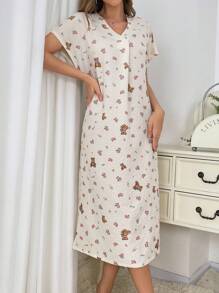 Vestido de pijama de manga corta para mujer con estampado de oso lindo y florecitas