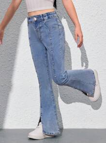 SHEIN Explorewe Tween Girl 浅蓝色珠饰弹力牛仔喇叭牛仔裤 - 淺色水洗藍 - 查看 3