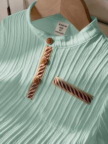 SHEIN Young Boy 2pcs Casual Loose Comfortable Color-Block Stand Collar Shirt And Long Pants Set - Green - View 7