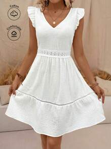 SHEIN Frenchy 女士夏季度假純色蕾絲拼接短袖A字裙，白色棉質連衣裙，使用純棉面料製成，白色中長裙，波希米亞女裝 - 白色 - 查看 4