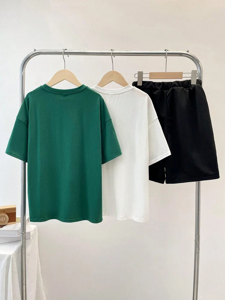 Tween Boys' Casual Short Sleeve Round Neck Top With Face Print, 2 Colors + 1 Solid Color Shorts Knitted 3-Piece Set