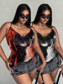 Flirla 夏季大尺碼女性印花 V 領交叉背部休閒背心上衣 - 彩色 - 查看 1