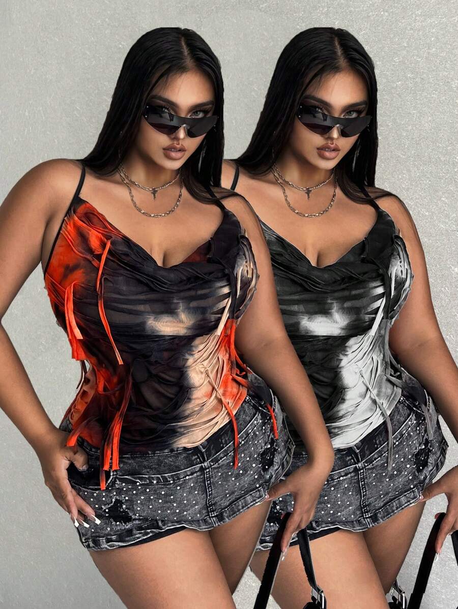 Flirla 夏季大尺碼女性印花 V 領交叉背部休閒背心上衣 - 彩色 - 查看 1