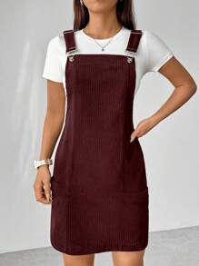 Flirla 纯色灯芯绒简约淑女连衣长裙酒红色女装 - 酒紅色 - 查看 5