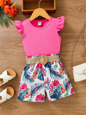 SHEIN Girl (Toddler) Round Neck Solid Color Cap Sleeve Top And Belted Flower & Leaves Printed Shorts Set For Spring And Summer