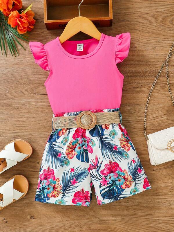 SHEIN Wildeya Ensemble de haut à manches courtes et à encolure arrondie pour jeune fille avec ceinture, de unicolore et short imprimé tropical pour le printemps et l'été