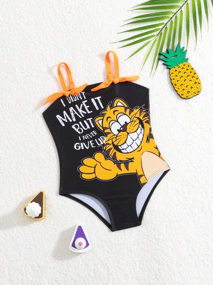 Baby Girl Holiday Slogan Cartoon Tiger Print Bow Detail Decor Leisure Cami One-Piece Swimsuit