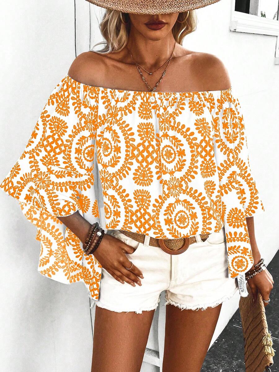 Breezaya Holiday Leisure Vintage Printed Off Shoulder Flare Sleeve Blouse - Yellow - View 1