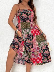 SHEIN VCAY 大尺碼假日細肩帶彈性腰連衣裙 - 彩色 - 查看 1