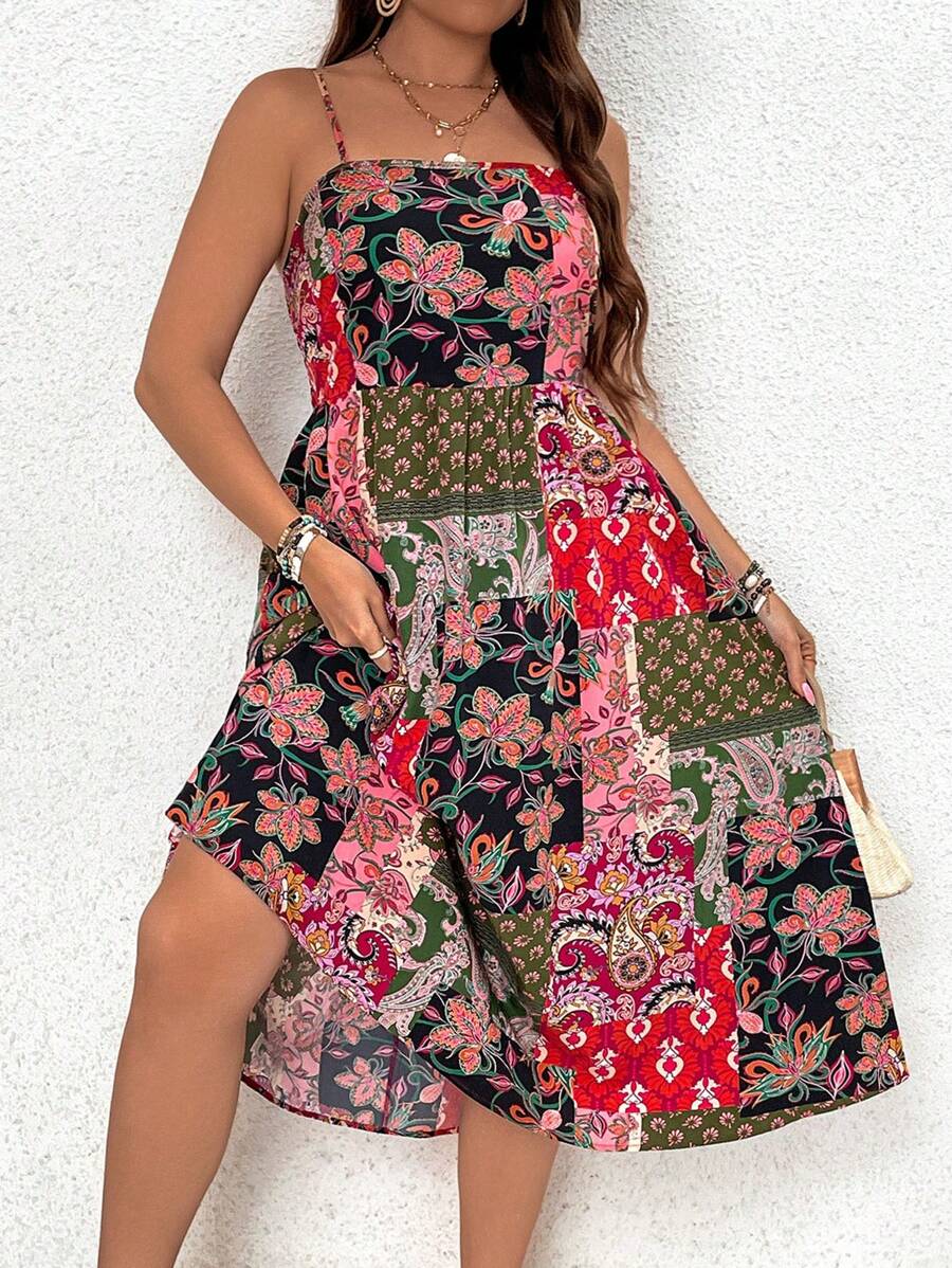 SHEIN VCAY 大尺碼假日細肩帶彈性腰連衣裙 - 彩色 - 查看 1