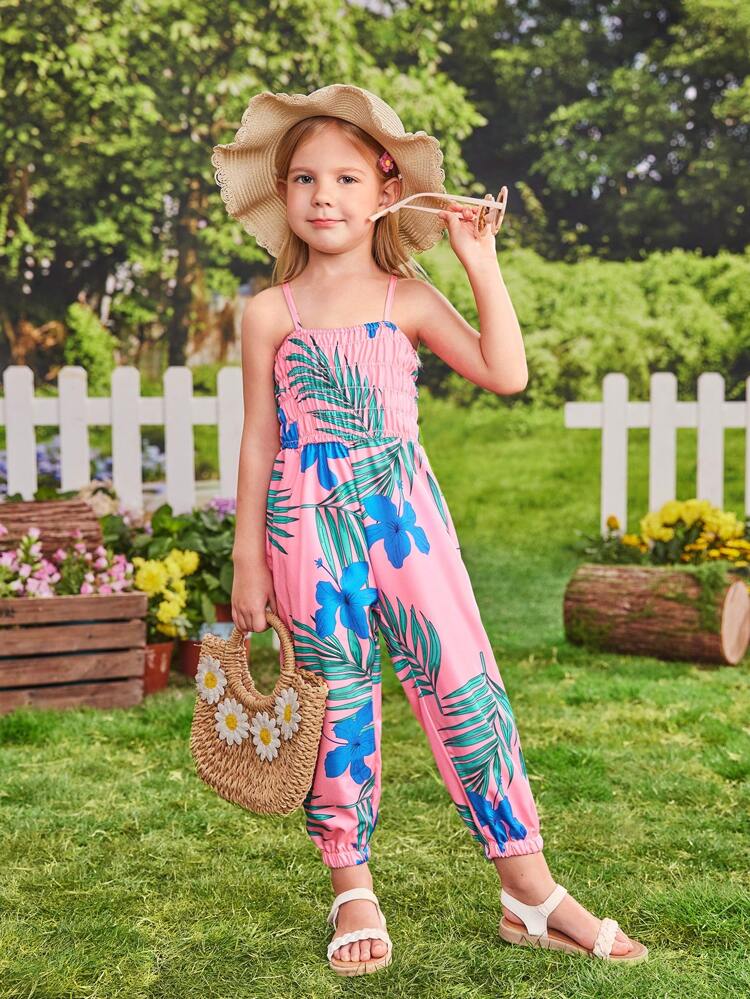 Young Girl Tropical Print Shirred Cami Jumpsuit