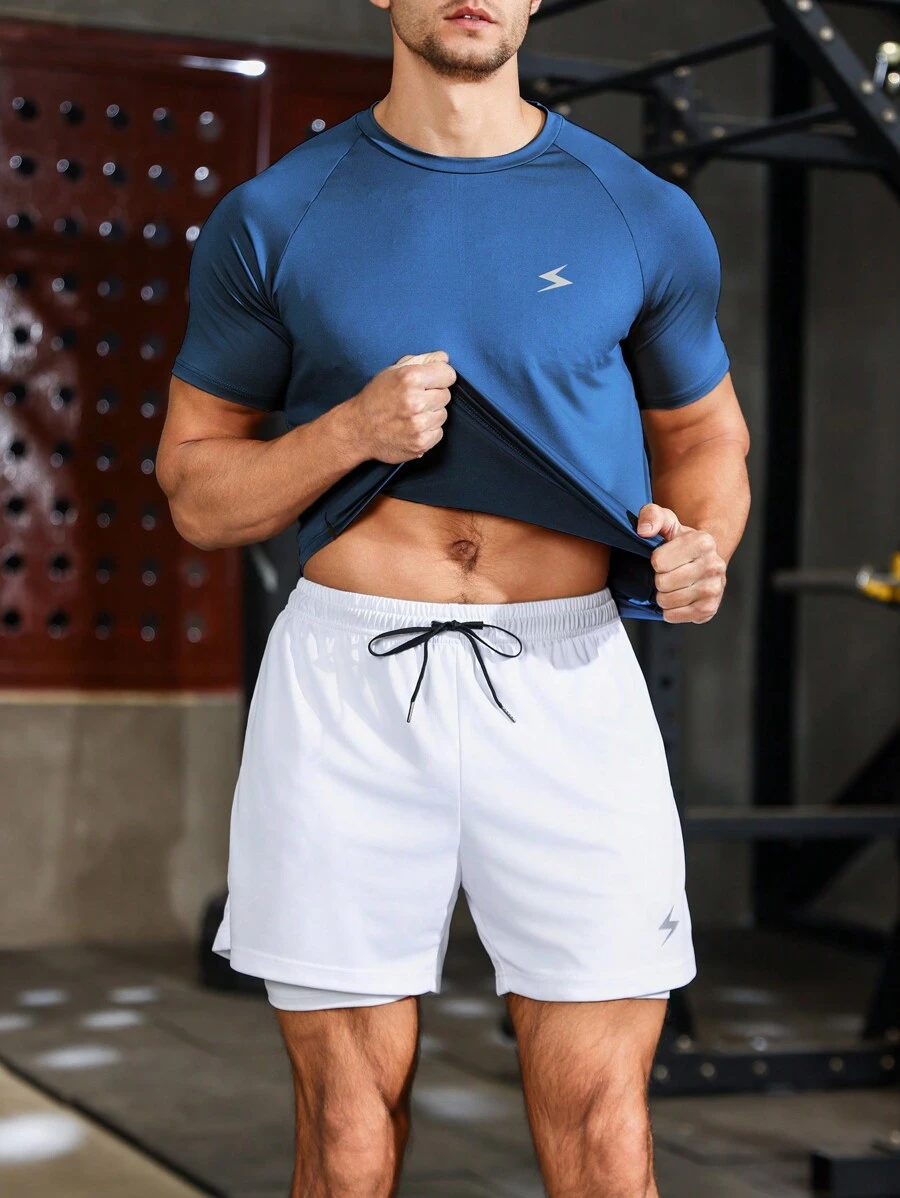 Gym Rark 男士字母印花插肩短袖休闲健身运动T恤修身圆领运动套装 - 藍色 - 查看 1