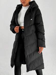 EURMUSE Plus Size Hooded Zipper And Pocket Winter Coat - Black - View 4