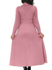 SHEIN LUNE Women Plus Size Elegant Long Dress With Turtleneck, Long Sleeve And Pockets For Spring And Summer - Pink - View 2