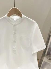 SHEIN 適用於青少年男孩的加大尺寸簡單多變的休閒校園風格襯衫 - 白色 - 查看 3