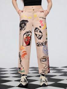 SHEINNeu Women's Summer Strawberry Print Slant Casual Straight Leg Pants - Brown - View 1