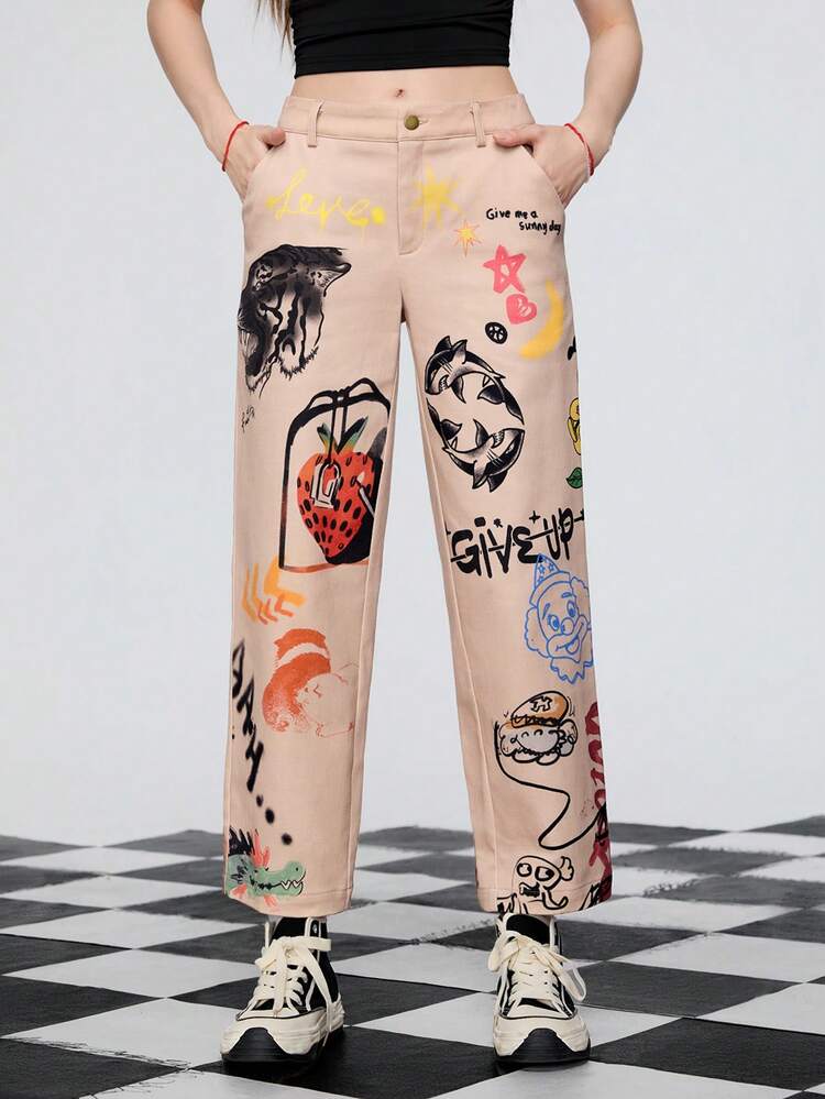 Women's Summer Strawberry Print Slant Casual Straight Leg Pants