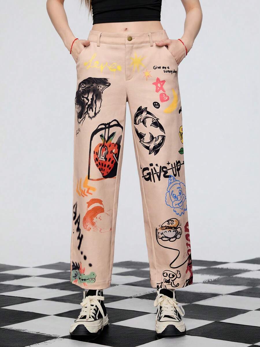 SHEINNeu Women's Summer Strawberry Print Slant Casual Straight Leg Pants - Brown - View 1