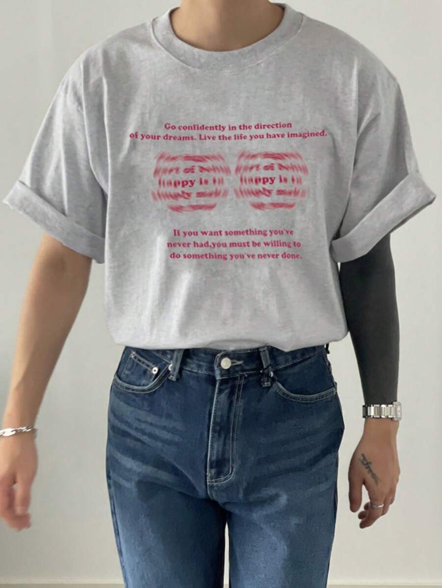 DAZY Men Summer T-Shirt With Letter Print,Graphic Tees - Grey - View 1