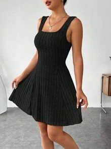 SHEIN EZwear 女士春夏季純色落肩長袖超短上衣和連衣裙休閒2件裝 - 黑色 - 查看 2