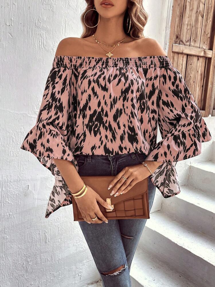 Leisure Holiday Full Printed Off Shoulder Ruffled Sleeve Shirt