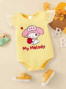 HELLO KITTY AND FRIENDS | SHEIN 嬰幼兒女寶寶漫畫字母圖形荷葉邊袖連身衣 - 黃色 - 查看 7