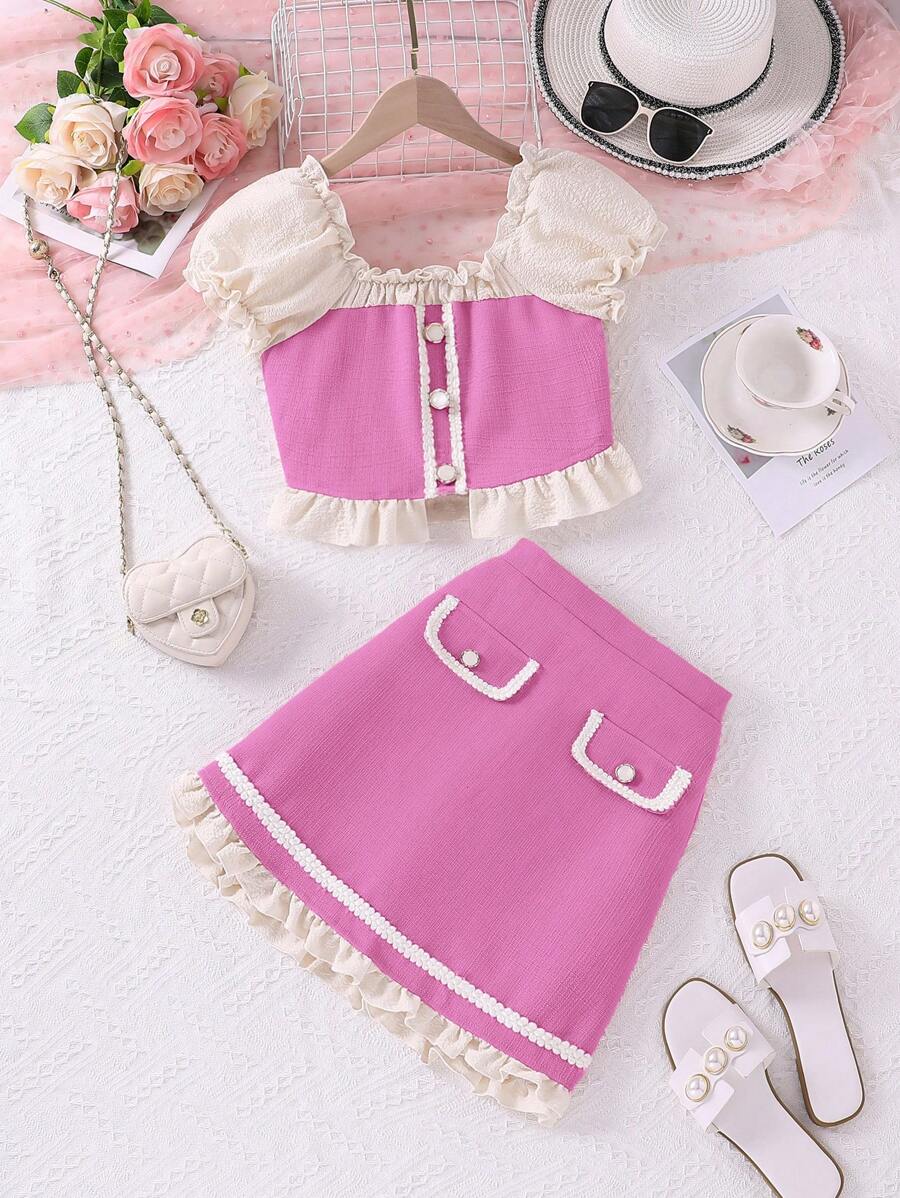 SHEIN Tween Girls' Bubble Sleeve Top & Textured Fabric Skirt Set, Ladylike & Casual - Hot Pink - View 1
