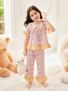SHEIN Conjunto de pijama de punto de mangas cortas con cuello redondo y dobladillo festoneado para niña joven con patrón de cordero lindo y bloques de color